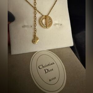 Christian Dior vintage authentic rhinestone CD gold plated necklace with box